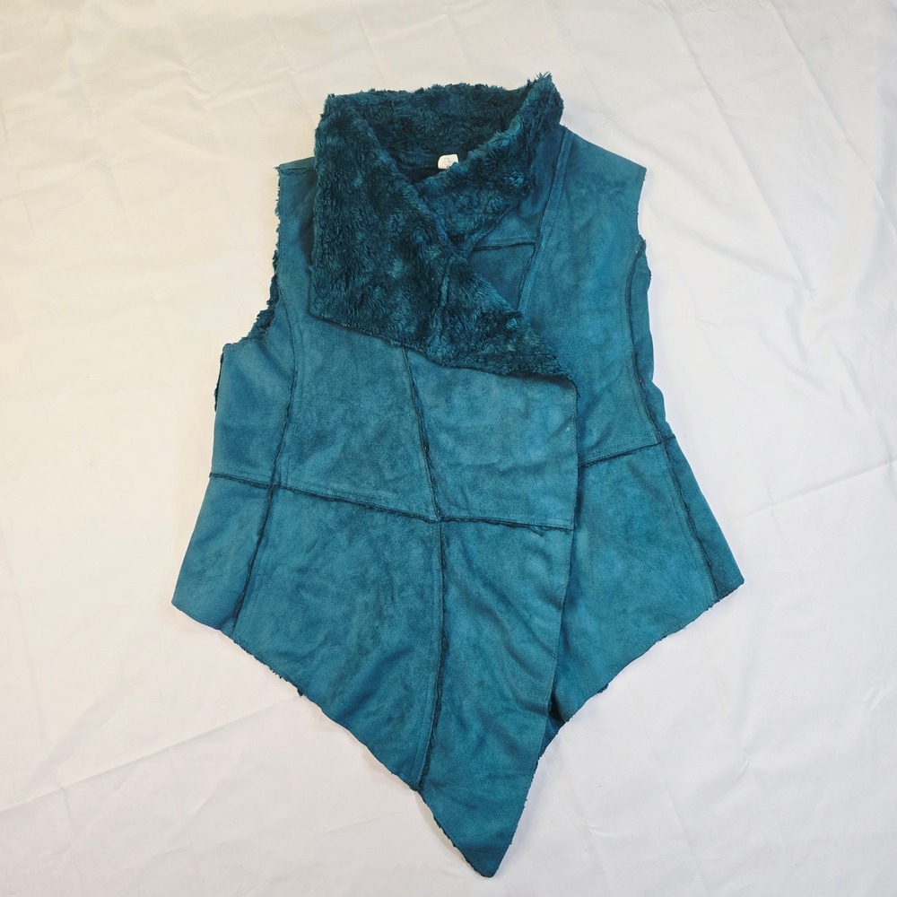 I Heart Ronson Women's Faux Suede Vest Medium Teal Faux Fur Draped Open Front